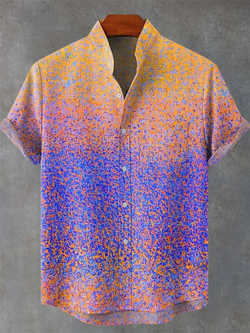 Men's Vintage Art Shirt Vintage Abstract 3D Geometric Print Short Sleeve Linen Casual Shirt Holiday Clothing