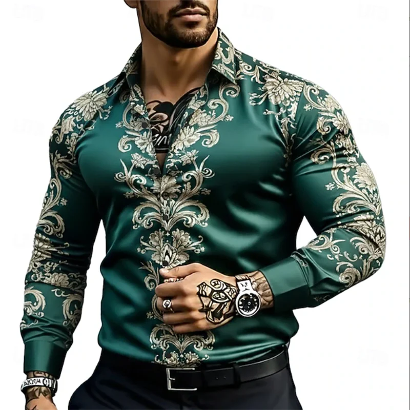 3D line printed men's long sleeved shirt top, fashionable checkered pattern, casual loose Gothic clothing top