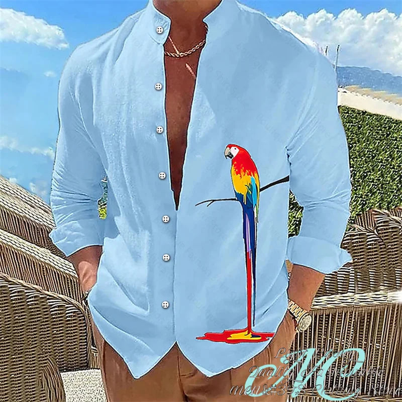 15 Color Men's Shirt Long-Sleeved Shirt 3D Printing Parrot Pattern Standing Collar Clothing Fashion Casual XS-6XL Size