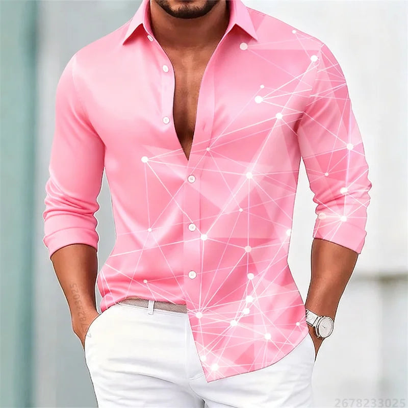 Men's trendy geometric line print long-sleeved shirt. Fashionable slim black technology-style shirt. Popular men's shirt.