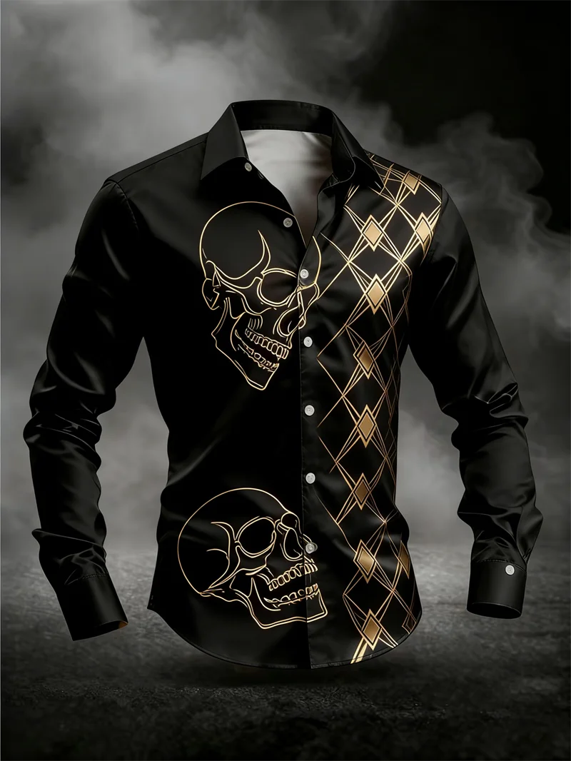 New Men's Long Sleeved Shirt 3D Skull Print Rose Series Gold Black Skull Men's Top Soft Long Sleeved Shirt
