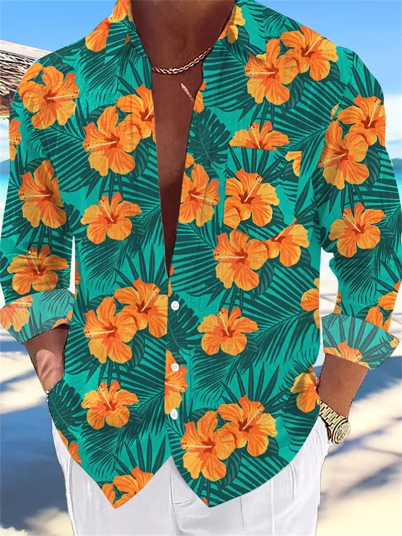 2025 Men's Hawaiian Shirt Party Harajuku Shirt Fashion Printed Long Sleeve Beach Top Men's Clothing