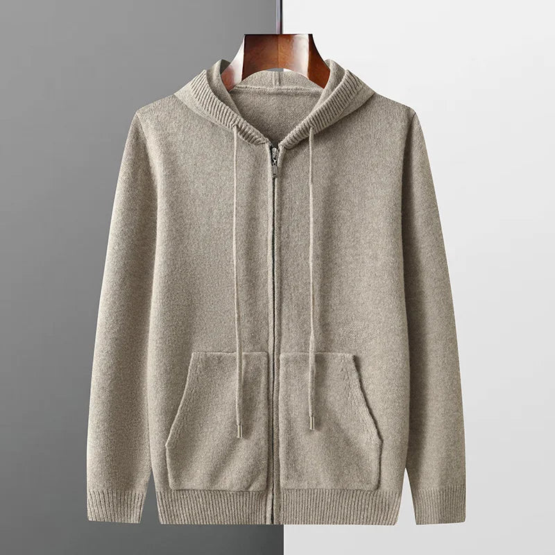 Autumn And Winter Men's 100% Pure Wool Cardigan Warm Zipper Hooded Casual Knitted Cashmere Coat