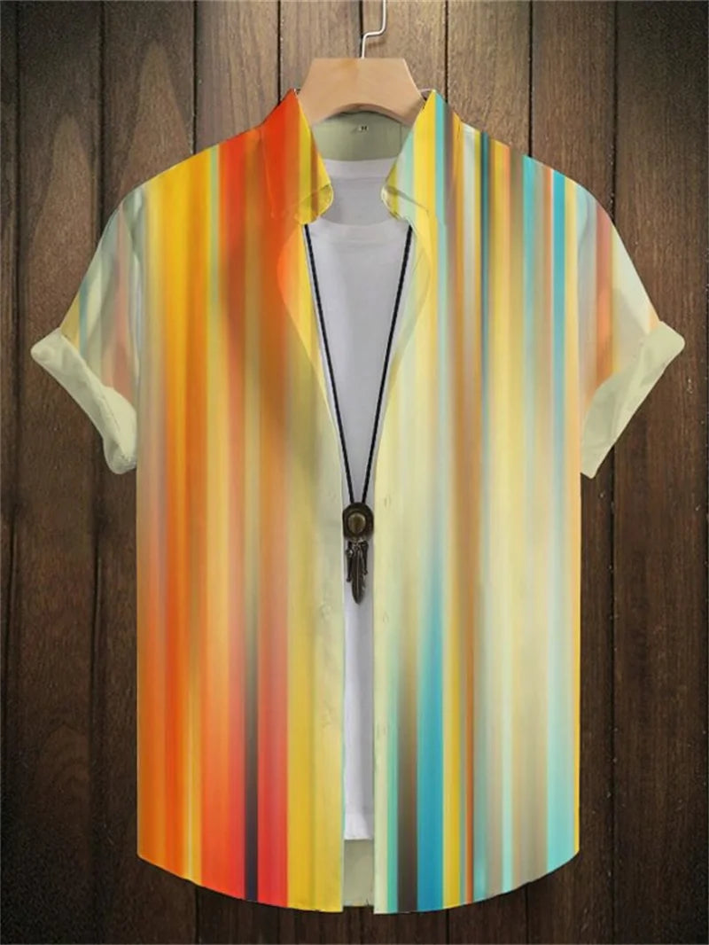2025 Summer Fashion Stripe Printed Men's Printed Short sleeved Shirt Street Daily Business Casual Men's Shirt Top