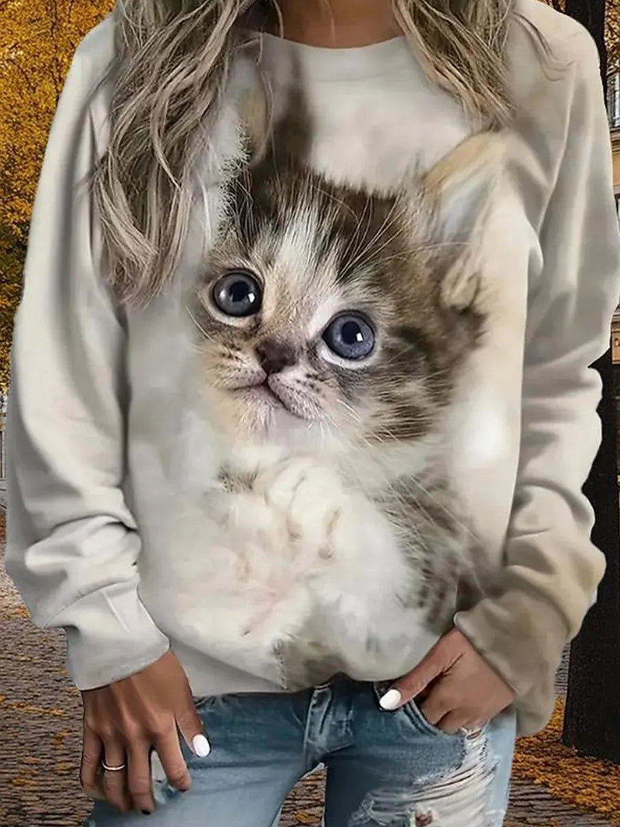 2025 Women's Animal Cat Graphic Sweatshirts 3D Prints O-Neck Long Sleeve Tops Women's Apparel Y2K Streetwears Fall Pullover