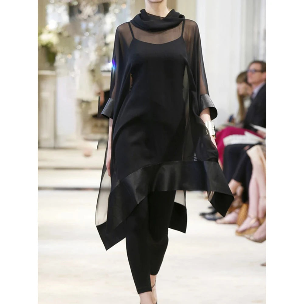 See-Through Mesh Sexy Women Loose Blouse Roll Neck 3/4 Sleeve PU Patchwork Irregular Shirt Summer Top Streetwear Female Blouses