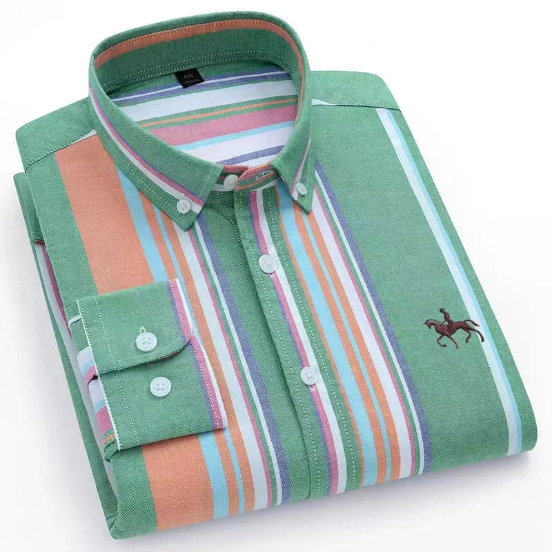 2024 new autumn men's long-sleeved plaid striped100% cotton Oxford spinning chest embroidery regular fit button work shirt S~6XL