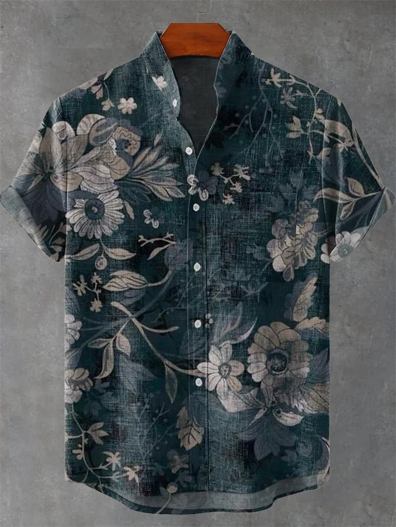 New Vintage Men's Linen Short Sleeve Shirt Casual Fashion Men's Street 3D Flower Printed Shirt Casual Shirt