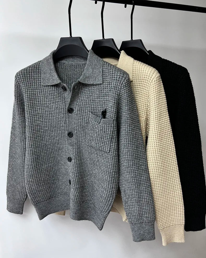 High-end Waffle Knitted Cardigan 2023 Autumn/Winter New Fashion Men's Polo Collar Korean Knitted Sweater Casual Solid Coat