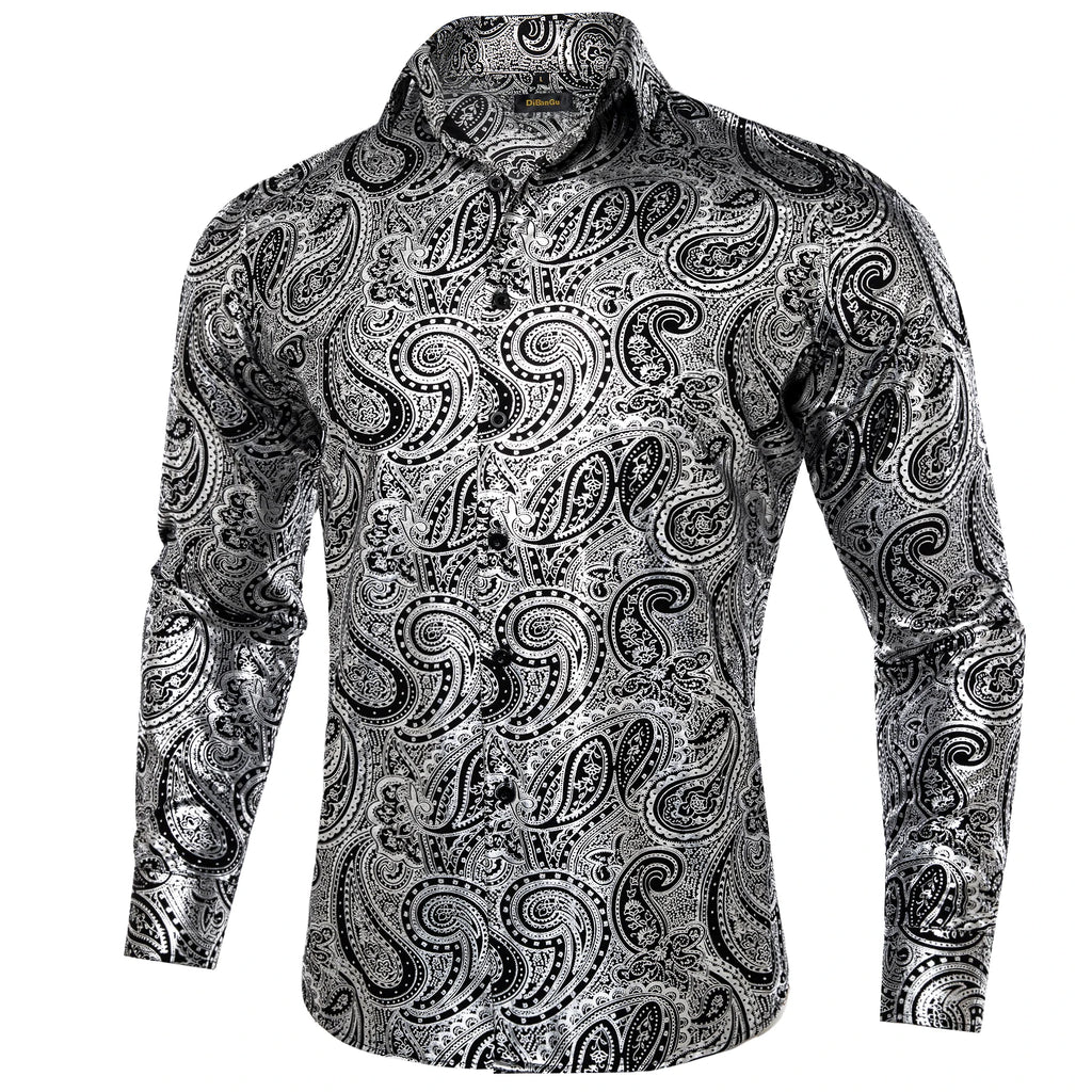 Men's Black and Silver Paisley Dress Shirts for Wedding Prom Clothing Luxury Tops