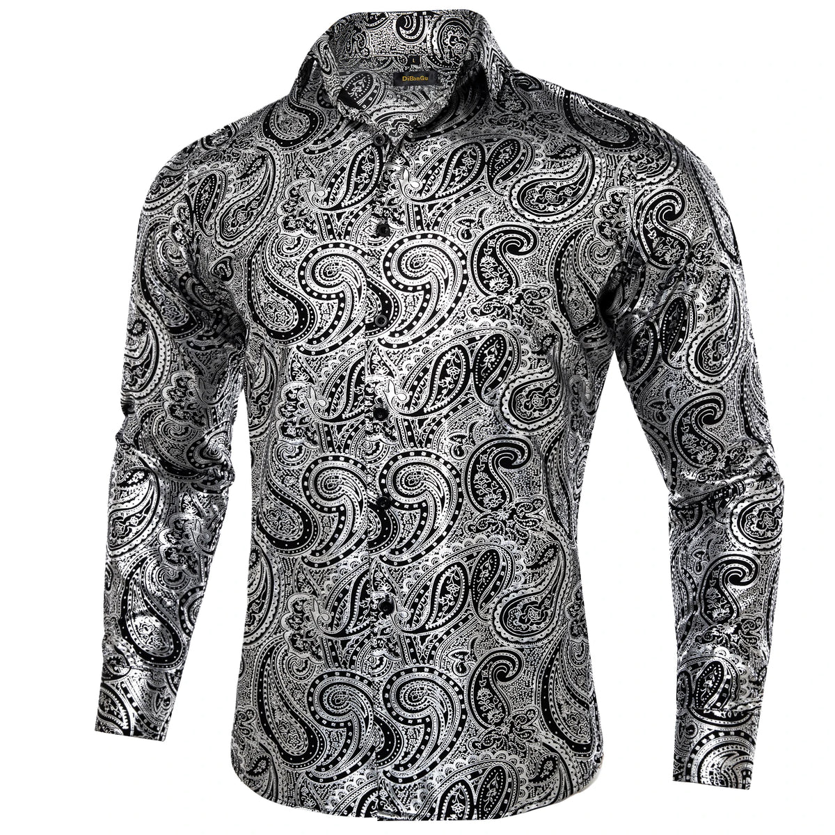Men's Black and Silver Paisley Dress Shirts for Wedding Prom Clothing Luxury Tops
