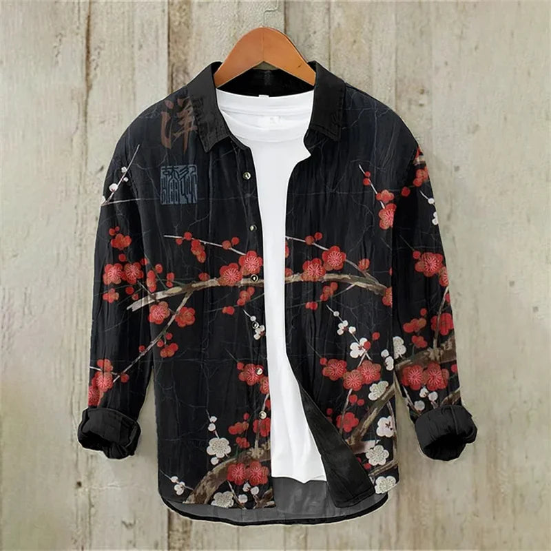 Linen Print Men's Long Sleeve Shirt Traditional Wave Pattern Art Hawaiian Shirt Men's Crane Shirt Design