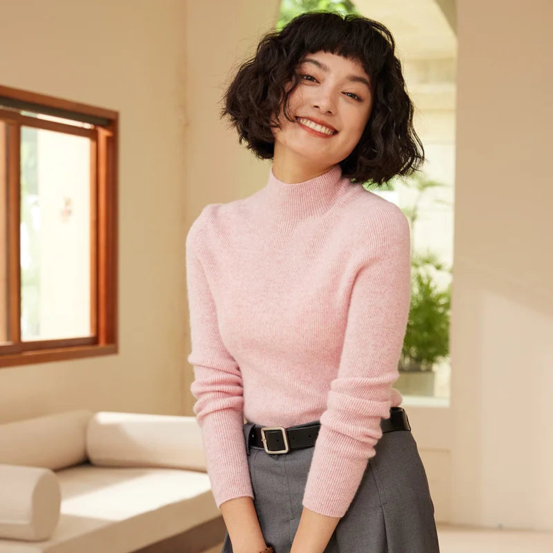Autumn and Winter New Women's 100% Pure Cashmere Semi High Neck Pullover Sweater Knitted Slim Fit Hot Selling Women's Top