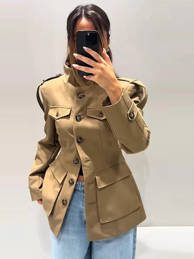 2025 Autumn Stand Collar Long Sleeve Jacket for Women Casual Pockets Solid Female Trench Coats Fashion New Lady Outerwear Street