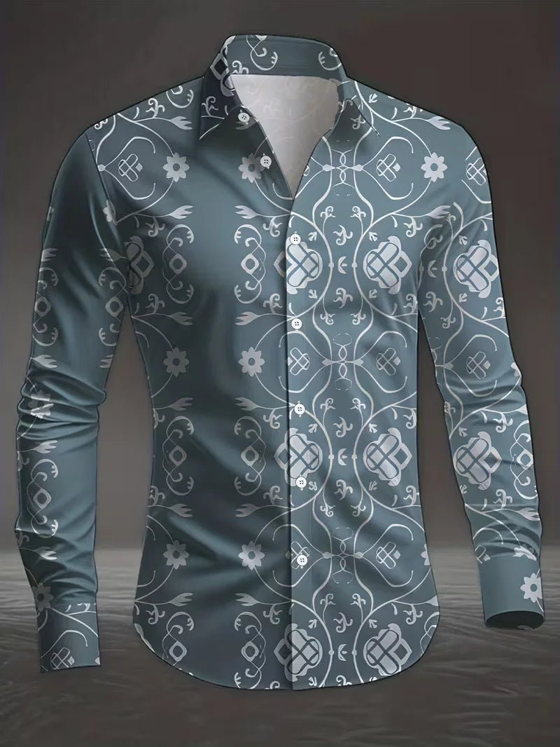 New retro square casual shirt men's abstract printed shirt long sleeved fashionable street shirt design clothing