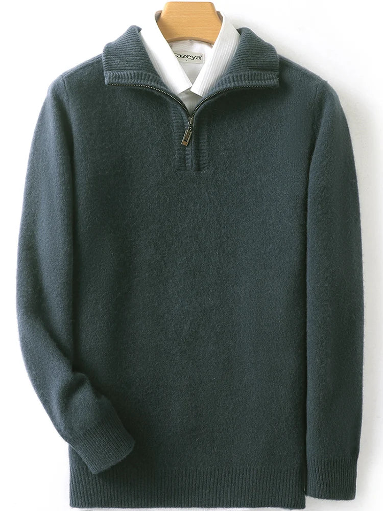 Autumn/Winter New Men's 100% Pure Wool Sweater Business Casual Half Zip Lapel Pullover Thickened Warm Knitted Long Sleeve Jumper