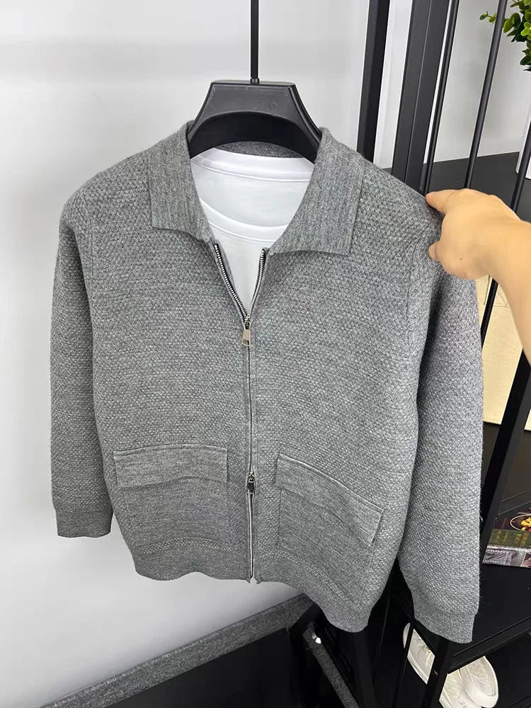 Light luxury high-end lapel zipper knitted jacket men autumn new style fashion pocket design Korean casual warm weater coat