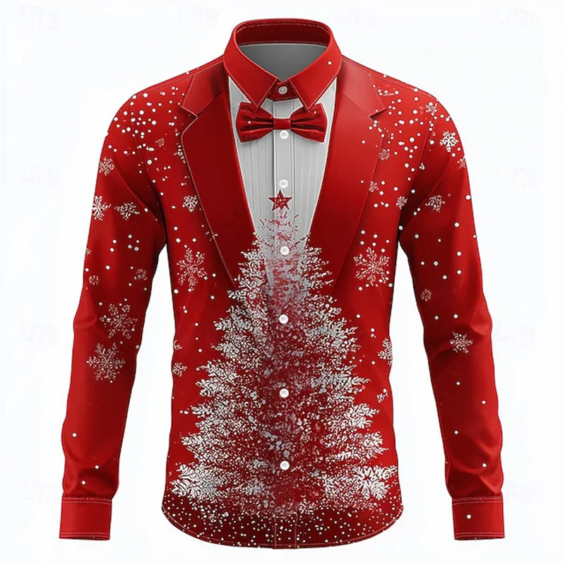 Men's Christmas shirt, casual fashion design, holiday party men's top, long sleeve lapel men's high-end clothing XS-6XL size