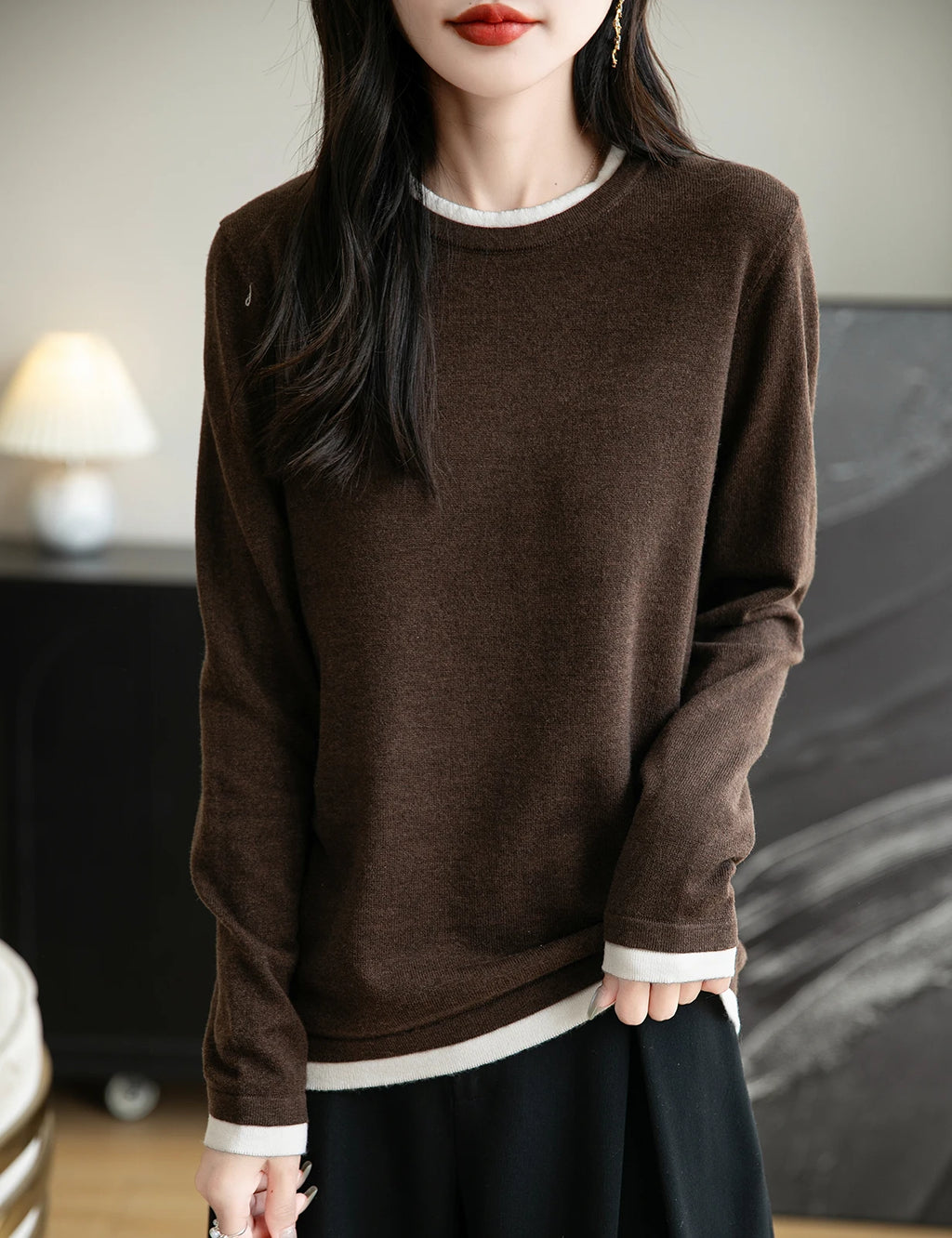 Top Women O Neck Thin T-Shirt Knit New Pullover Summer Spring Fashion Basic Long Sleeve Wool Fake Two Pieces Soft Woman Clothing
