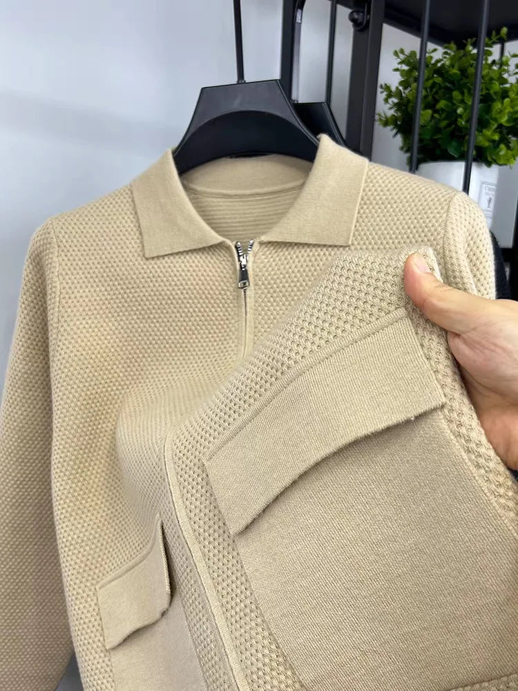 Light luxury high-end lapel zipper knitted jacket men autumn new style fashion pocket design Korean casual warm weater coat