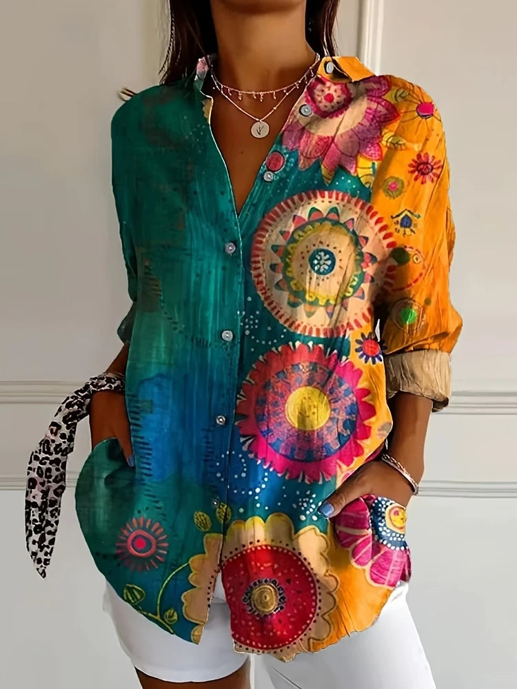 New Summer Fashion Women's Lapel Shirt Big Size Button Long Sleeve Daily Weekend V Neck Tops Floral Printed Loose Casual Shirt