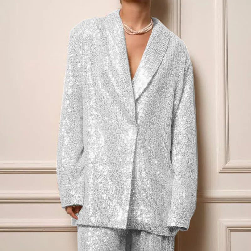 Casual Sequin Jackets Pants Set Women Golden Long Sleeve Lapel Button Wide Leg Pant Autumn Lady Suit Urban Street Loose Sets
