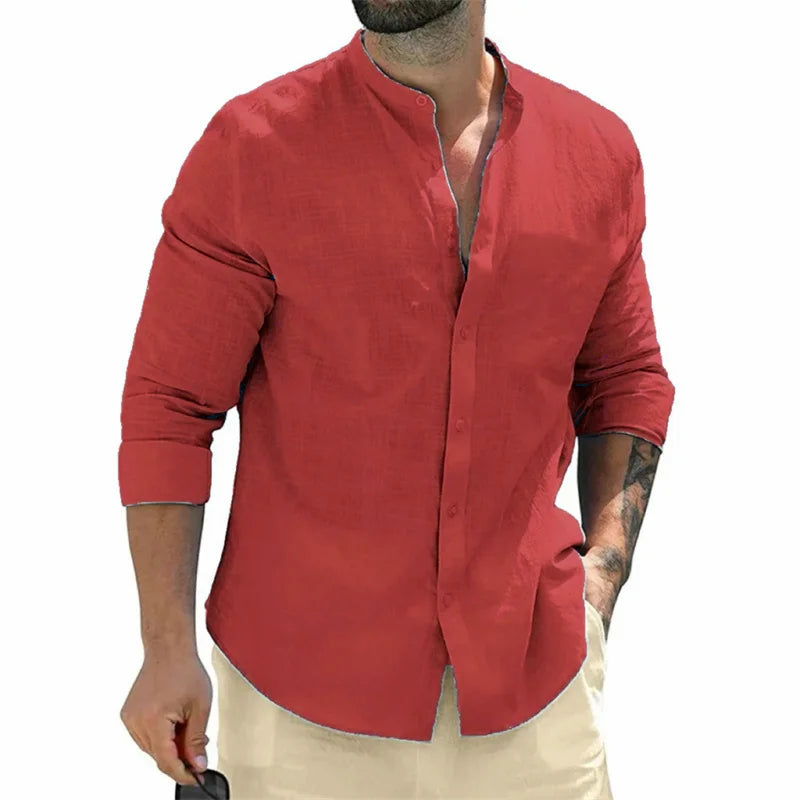 Men's shirt, long-sleeved shirt, solid color, round neck, single-breasted shirt, outdoor casual business office clothing, large