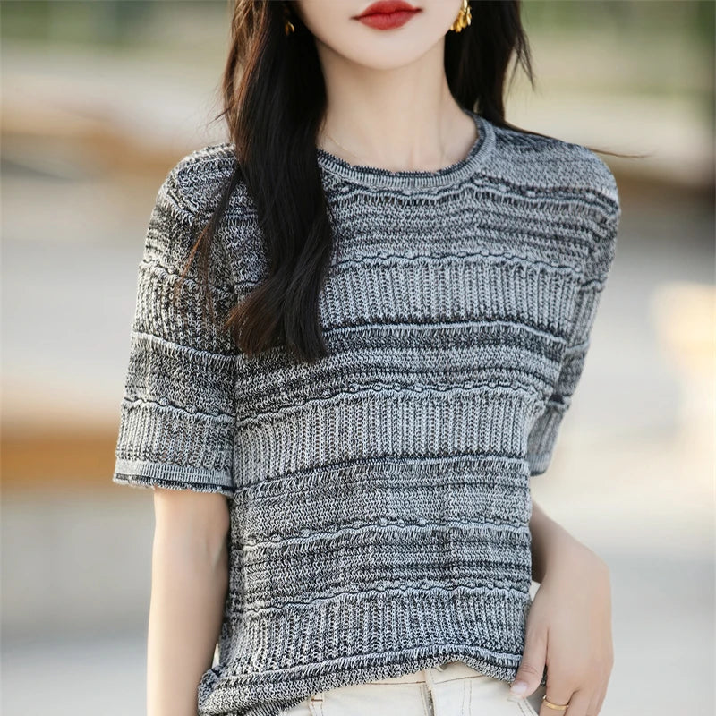 Women's T-Shirt Summer 100% Cotton Sweater Short Sleeve Striped Knitted Round Neck Ladies Tops Loose Blouse Pullover Tees