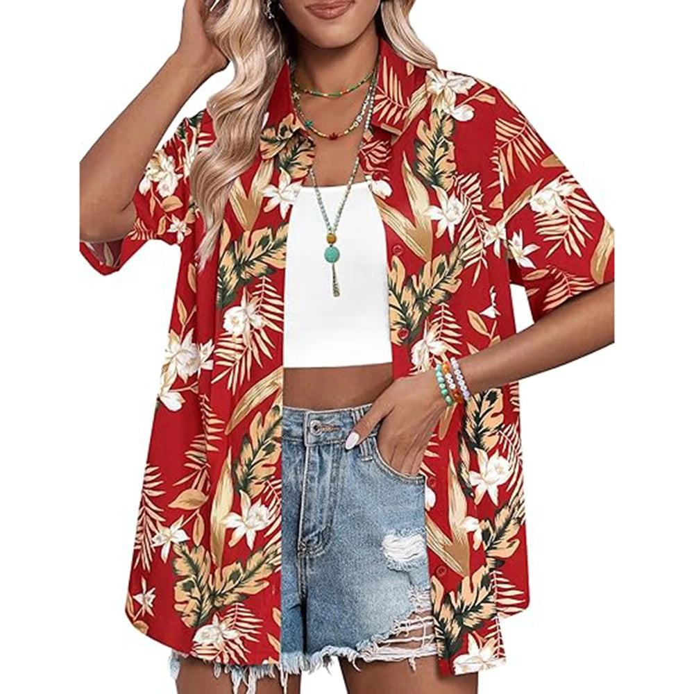 New Women's Short Sleeve T-shirt Fashion 3D Floral Print Hawaiian Style Casual Basic T-shirt Summer Lapel Short Sleeve Shirt