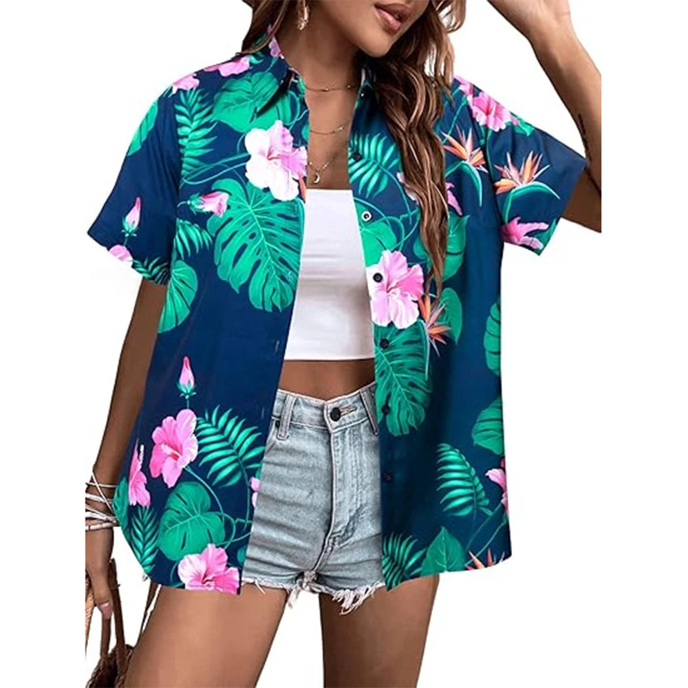 New Women's Short Sleeve T-shirt Fashion 3D Floral Print Hawaiian Style Casual Basic T-shirt Summer Lapel Short Sleeve Shirt