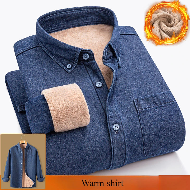 New in shirt Winter Thick Warm cowboy long sleeve shirts for men slim fit casual single pocket tops linen cotton elegant clothes