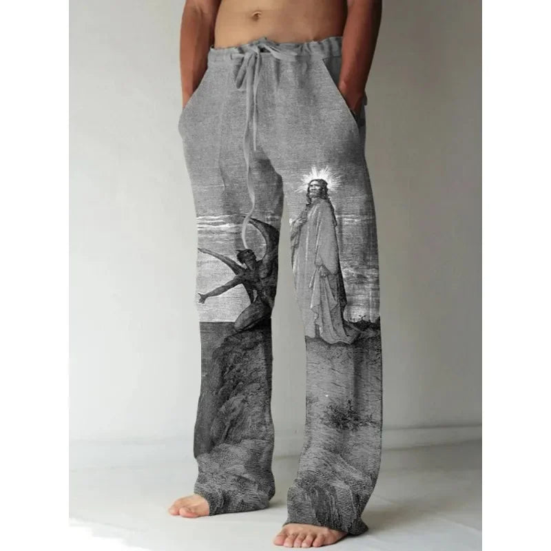 Mens Vintage Renaissance Virgin Mary Printed Casual Pants Art Wide Leg Pants Cool Summer Trousers Streetwear Men Women Clothing