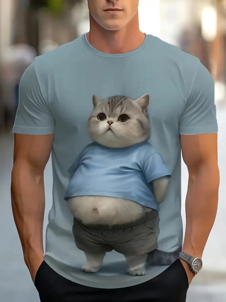 Cute Fat Cat Men's T Shirt Animal 3D Print Casual Short Sleeve Funny T Shirts Fashion Streetwear Round Neck Oversized Clothing