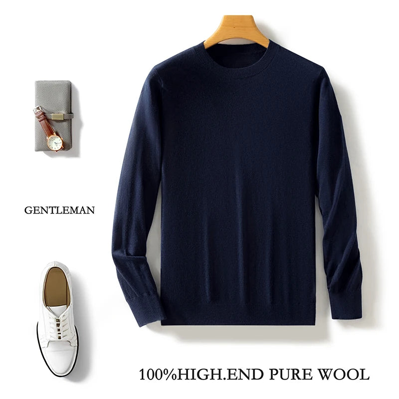 100% Pure Merino Wool Sweater Men's Round Collar Pullover Spring Autumn New Business Knitted Tops Casual Large Size Men's Shirt