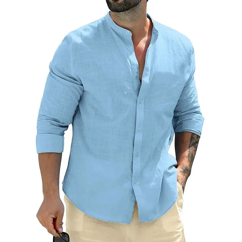 Men's shirt, long-sleeved shirt, solid color, round neck, single-breasted shirt, outdoor casual business office clothing, large
