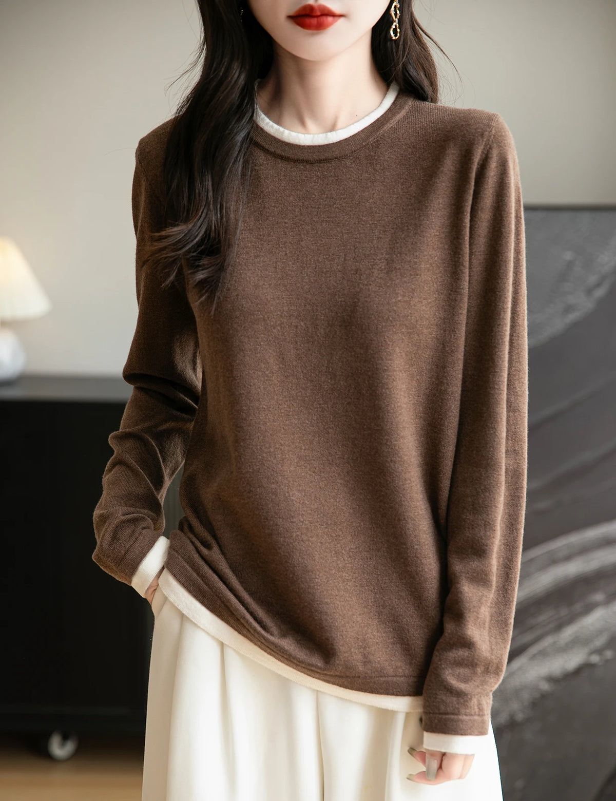 Top Women O Neck Thin T-Shirt Knit New Pullover Summer Spring Fashion Basic Long Sleeve Wool Fake Two Pieces Soft Woman Clothing