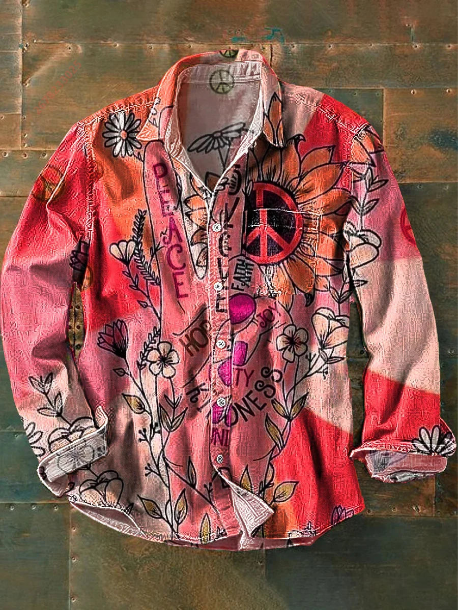 2026 New Retro Graffiti Sunflower Print Long-Sleeve Shirt, European and American Style Casual Fashion Top, Sizes XS-6XL