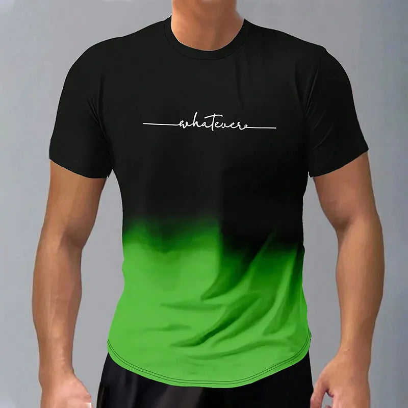 Casual Men's Trendy Short-Sleeved Gradient Letter Printed Round Neck T-Shirt Clothing Spring And Autumn Fitness Sports Tops