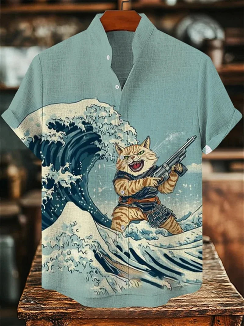 New Men's Linen Short Sleeve Shirt Vintage 3D Wave Octopus Printed Wave Button Shirt Men's Casual Top Shirt