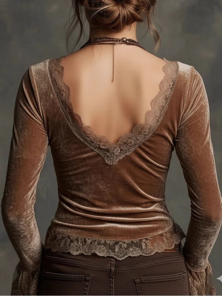 Chic Patchwork Lace Velvet Blouses Woman Spring Sexy Deep V Neck Ruched Hollow Top Pullovers Autumn Long Sleeve Slim Boho Shirts
