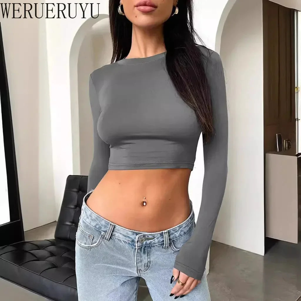 Long Sleeve Crop Top White T-shirts Womens Y2k Clothes Spring Winter Fashion Solid Color Sexy Tight Short T-shirt for Women 2025