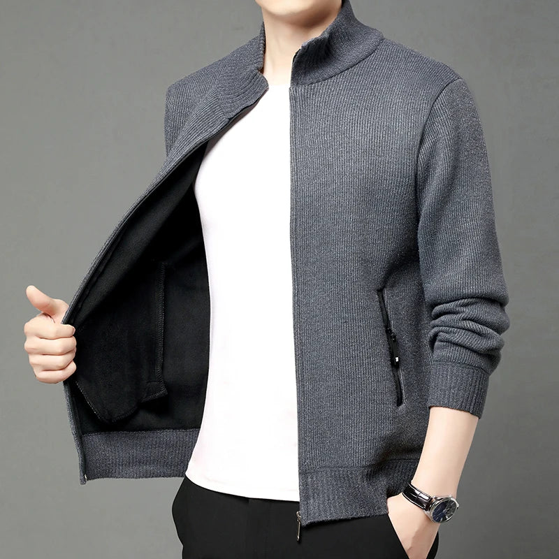 Premium Thick Korean Fleece Warm New Brand Casual Fashion Stand Collar Men Zipper Jacket Slim Fit Autumn Winter Coats