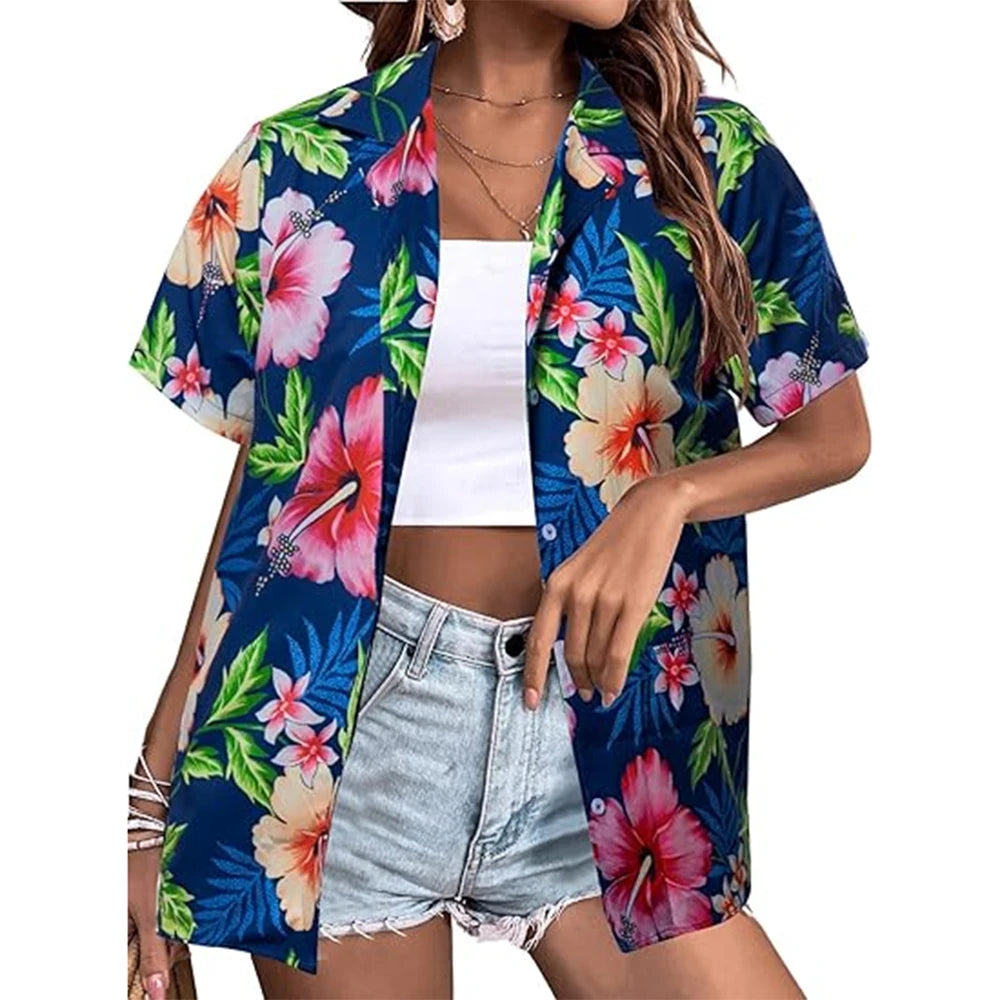 New Women's Short Sleeve T-shirt Fashion 3D Floral Print Hawaiian Style Casual Basic T-shirt Summer Lapel Short Sleeve Shirt