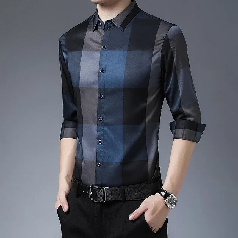 New Men's Casual Printed Long Sleeved Lapel Shirt for Spring and Autumn Fashion Comfortable Wrinkle Free Top Without Ironing