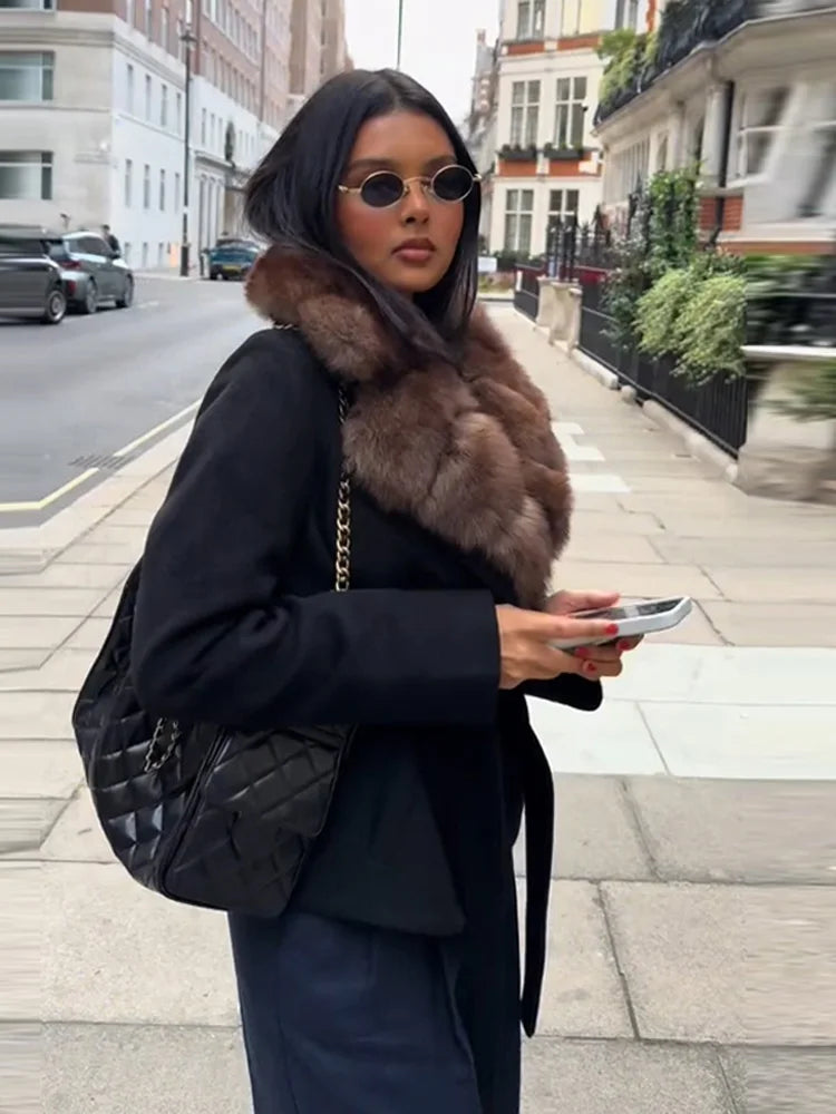 2026 Spring Autumn Faux Fur Collar Lace Up Jacket For Women Casual High Street Long Sleeve Belt Coats Lady Chic Street Outerwear