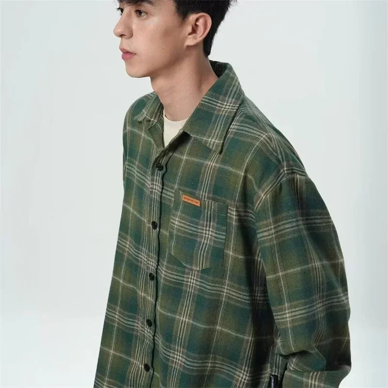 Spring Long Sleeve Plaid Shirt For Men 2025 New Y2K Vintage Streetwear Baggy Lapel Pocket Tee Shirts Korean Fashion Blouse