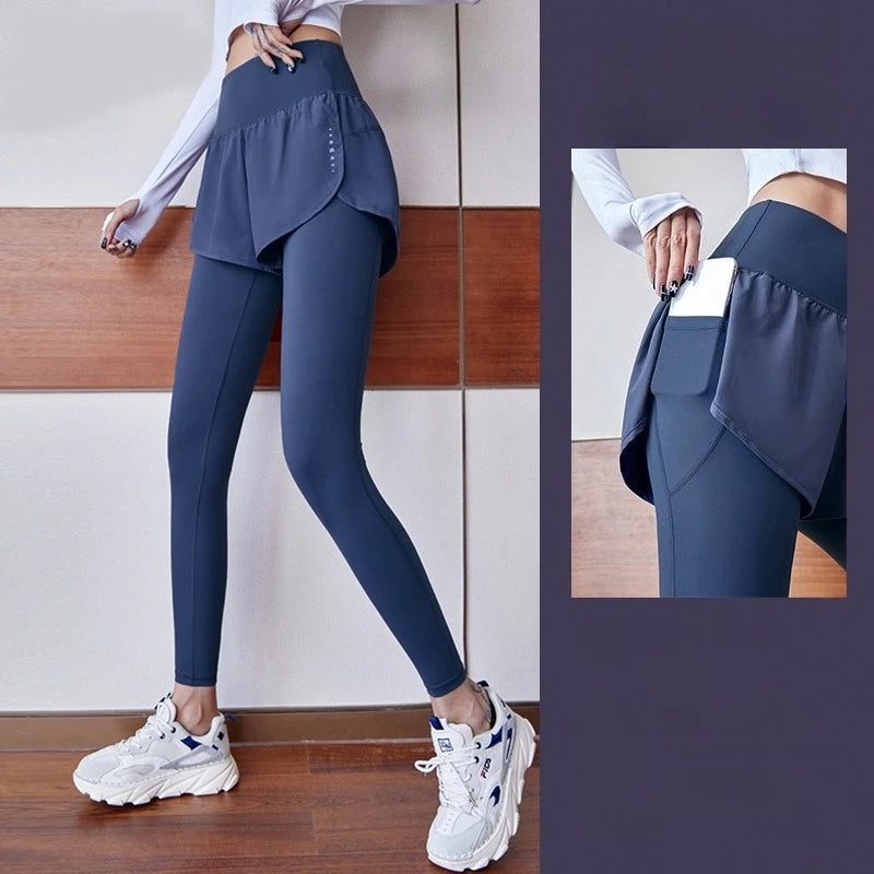 Women's Fall Two-in-One Leggings - High Waist Running Yoga Pants with Slimming Skirted Hem, 4-Way Stretch  From Studio to Street