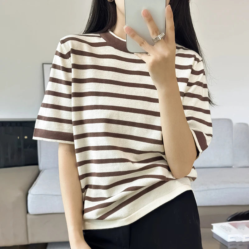 Summer New 100% Pure Cotton Knitted Short Sleeved Casual Women's T-Shirt Round Neck Loose Tees Striped Pullover Tops Cool