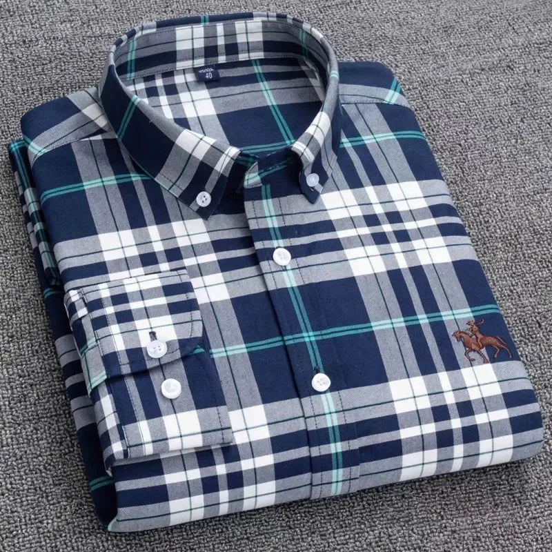 2024 new autumn men's long-sleeved plaid striped100% cotton Oxford spinning chest embroidery regular fit button work shirt S~6XL