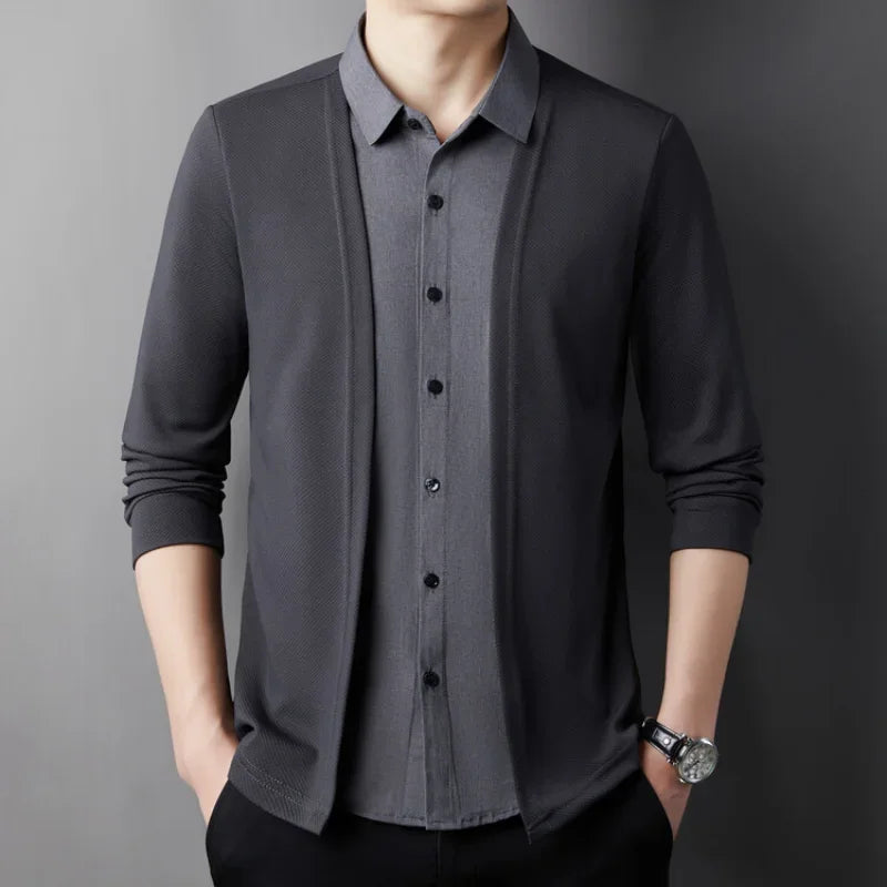 Men's Cardigan, Fake Two Shirts, Jacket, Fake Two Items, 2024 Autumn Bestseller, Fake Two Items, New Cardigan Shirt